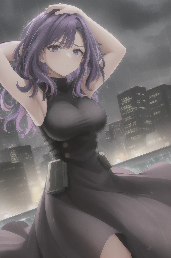 scan, (extremely detailed CG unity 8k wallpaper:1.1), masterpiece, highres, (1girl), dark, raining, water drops, ambient light, city, night, lady nagant, boku no hero academia, (purple hair), (multicolored hair), (purple eyes), black dress, sleeveless, breasts, arms above head, frown, (looking at viewer)