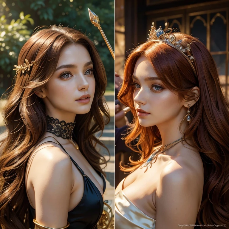 (masterpiece, best quality:1.5), highest quality, High resolution, super detailed, Realists, Upper body photo of a brunette sorceress, detailed and beautiful eyes, beautiful detailed lips, very detailed eyes and face, longeyelashes, shiny satin dress, Holding a wand in your hand and performing a transformation spell, Magic wands present and shiny, Beautiful and colorful makeup, elegant and noble々The jewelry bag, Gardens as background, soft daylight, bright colors, fine brushstrokes, Portrait style, Silk dress fabric, beautiful color palette, glowing skin, First-class rendering, that captures every detail, enchanting atmosphere, subtle shadows and lights, (perfect anatomy:1.2), (The two stunning sorceresses transform cat into princess (a transformation with the magic wand:1.4), (magnificent panorama view:1.2)