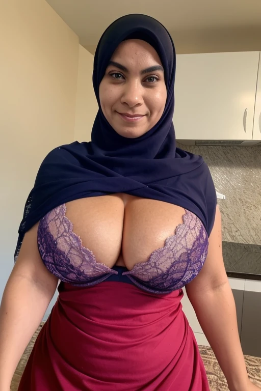 very angry facial reaction (HIJAB), Vog ue style photo shoot of malay 64 years old in hija b wear Brown (((HUGE BOOBS))), (((HEAVY BOOB S))), (((HEAVY NIPPLES))), (Wearing Lingerie bra), 