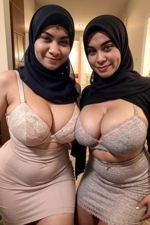 indahnorjannah, naked, Hijab moms, two moms, wear sexy transparent light pink lingerie, plump curvy body, huge tits, at shopping mall crowded people.