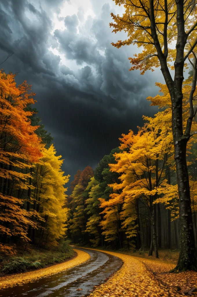 In deep of the forest a beautiful autumn forest, yellow and orange leaves, grey cloudy sky, dramatic thunderstorm with rain, path, dramatic moody lighting, cinematic composition, highly detailed, photorealistic, 8k, (best quality:1.2),(realistic:1.37),vibrant colors,dramatic atmosphere