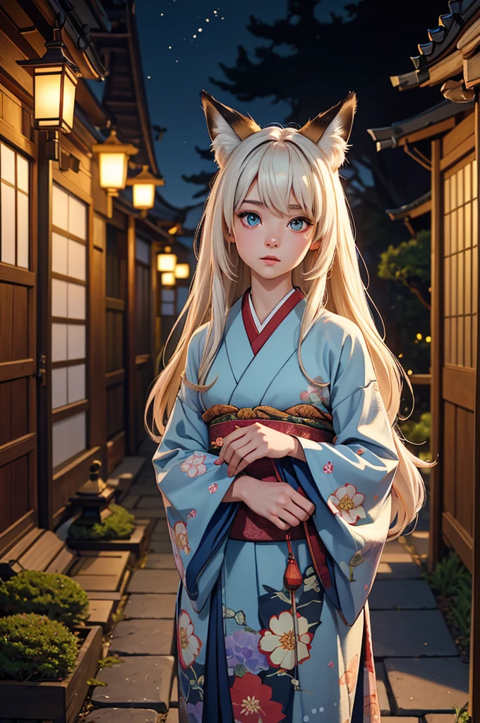 realistic, analog photo, Masterpiece, RAW photo, full-length portrait, hyper realistic, ultra detailed image, Kizune, (mythical Creature of Japanese Mythology And Folklore), detailed portrait of anthropomorphic she-fox, with fox tail, in traditional japan garden, moonlight, little spotlight, fractal, cover, detailed background, depth of field, HOF, hall of fame, detailed beautiful eyes, detailed beautiful face, natural body posture, lifelike skin texture, kodak portra 400, 16k, ultra detailed, bokeh lighting, dark fantasy atmospheric, fantasy aura, film grain, cinematic light, cinematic composition, depth of field, rim light