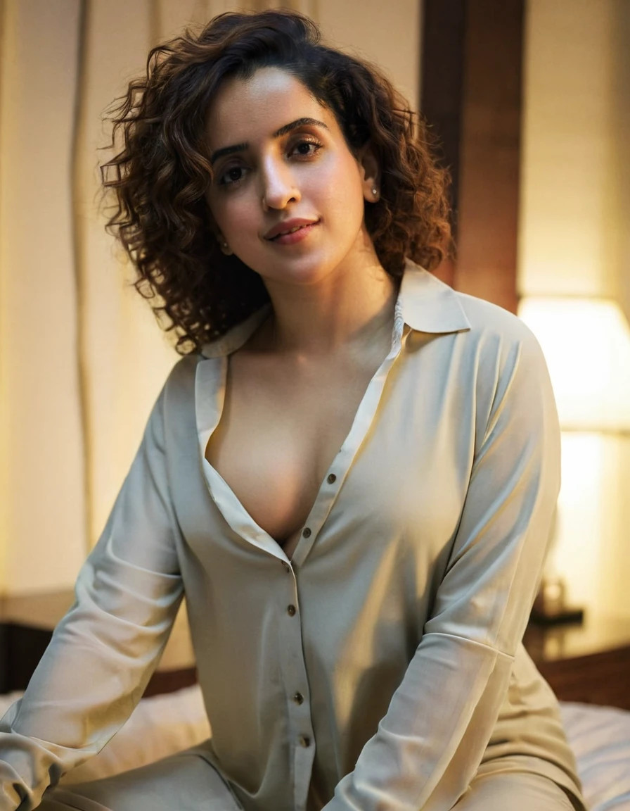 Sanya Malhotra woman, relaxing, deep neck loose shirt, round , nice cleavage, erotic, in her bedroom, detailed bedroom, intricate details, very dim light, low light, deep shadows, cinematic light, cinematic photo