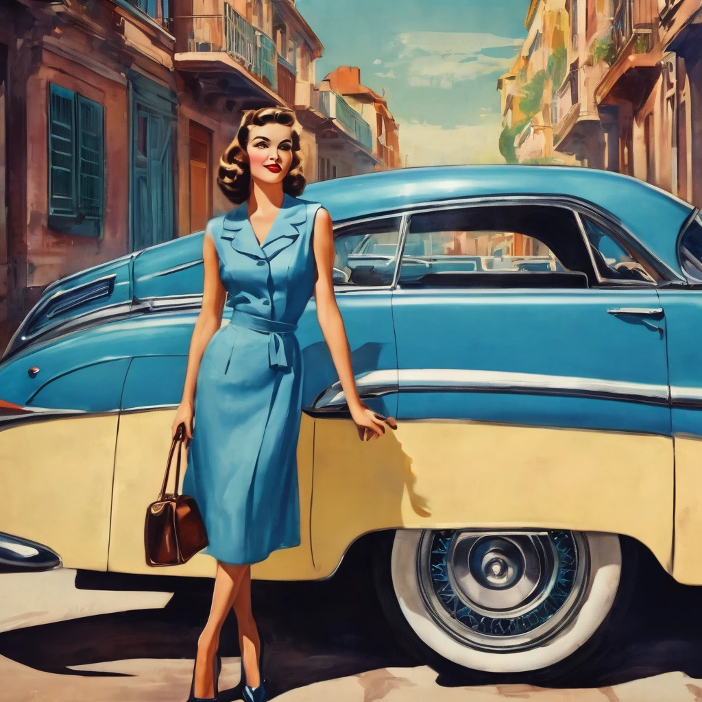 a woman in a blue dress standing next to a blue car, poster art, girl poster, poster, poster, poster poster girl, poster girl, poster girl, poster, poster girl, vintage poster, poster model, fine retro art, poster style, retro poster model, poster style poster,style elvgreen