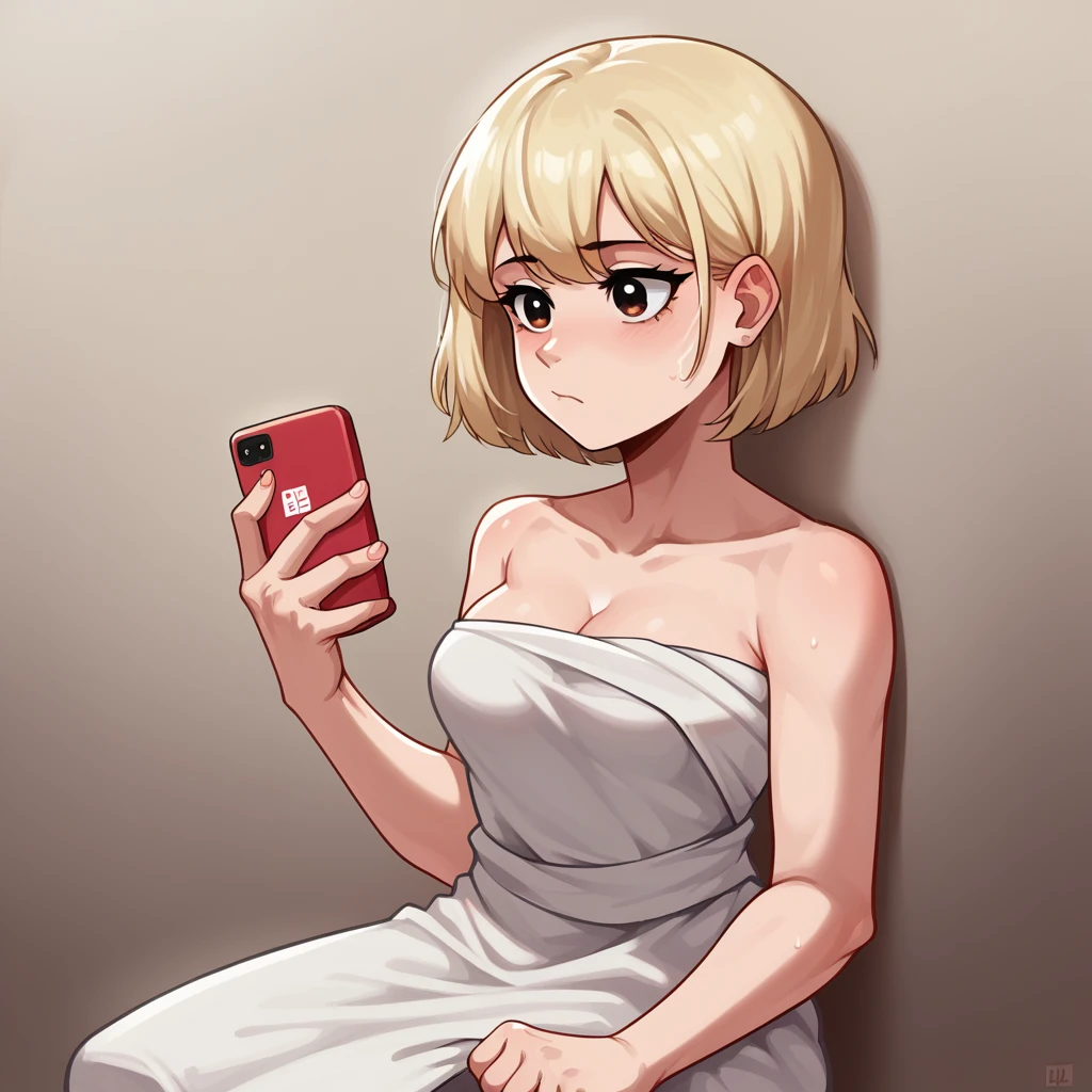 score_9_presence, score_8_up, Meilin Lee, wrapped in towel, medium breasts, holding phone