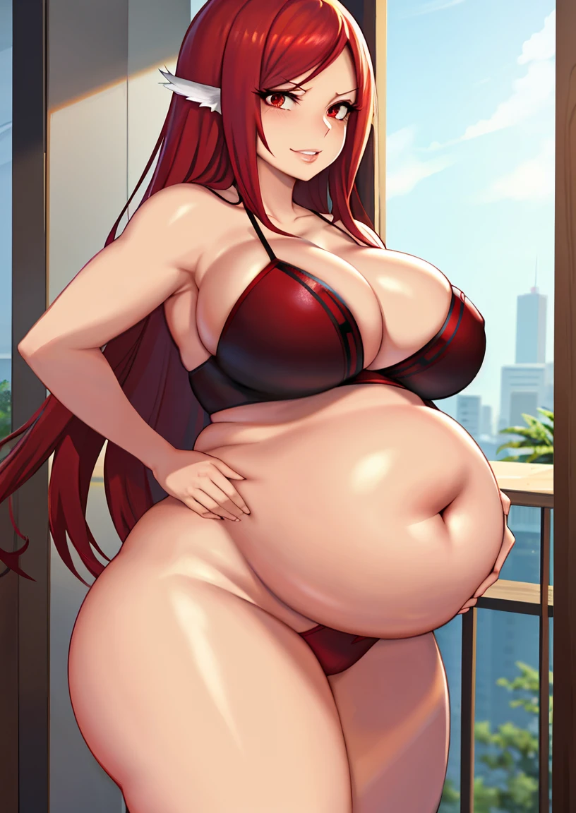 art by kipteitei, 1girl, Erza_Scarlet, red_hair , massive belly, massive breasts, massive thighs, chubby (best quality, masterpiece)