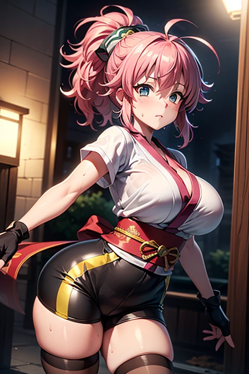 masterpiece, Highest quality,  Unreal Engine,  Super Resolution, Very detailed, 

Beautiful woman, machi, short kimono, ((no hurisode)), obi, sash, fingerless gloves, bike shorts, thighhighs, tabi, ponytail,hair_ornament, Vivid expression, Healthy Body, Smooth skin texture, Carefully drawn, 

(humidity:1.5), Beautiful Eyes, (Attractive face:1.2), (Beautiful Skin), Tight waist, (Big Breasts), (Sticky with sweat), Dynamic pose, 

In the world of Hunter Hunter, Outdoor, Slums at night,