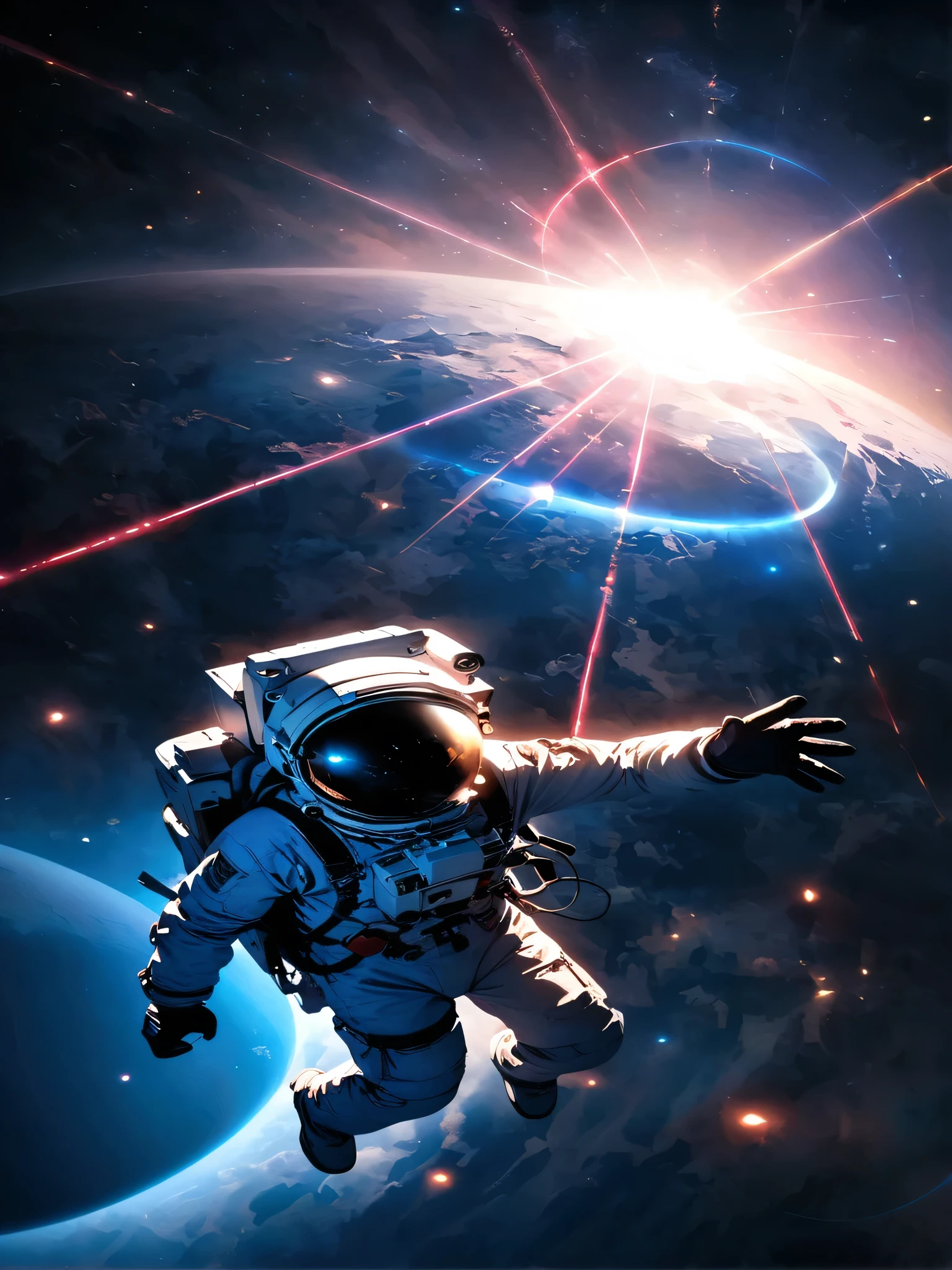 quality\(8k,wallpaper of extremely detailed CG unit, masterpiece,hight resolution,top-quality,top-quality real texture skin,hyper realisitic,increase the resolution,RAW photos,best qualtiy,highly detailed,the wallpaper,cinematic lighting,ray trace,golden ratio\), BREAK ,solo,the sun is rising from behind the (detailed blue earth:1.3) and 1astronaut in a space suit is watching it as he drifts through space(detailed,dark, stars are streaking),(long shot:1.5)