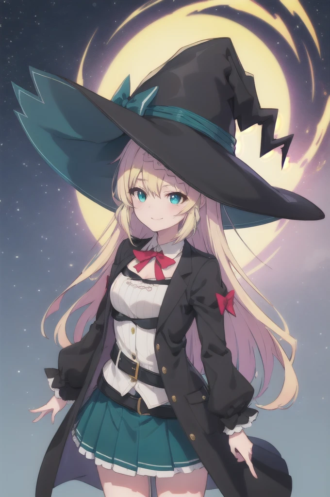 masterpiece, best quality, ultra-detailed, glistening shiny, glowing light, ray tracing, HDR, deph of field, (perfect face, detailed face), aizawaazusa, very long hair, braid, small breasts, v, smug, white shirt, green skirt, belt, black coat, witch hat, standing