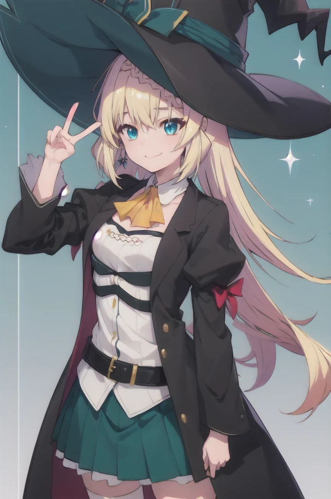 masterpiece, best quality, ultra-detailed, glistening shiny, glowing light, ray tracing, HDR, deph of field, (perfect face, detailed face), aizawaazusa, very long hair, braid, small breasts, v, smug, white shirt, green skirt, belt, black coat, witch hat, standing