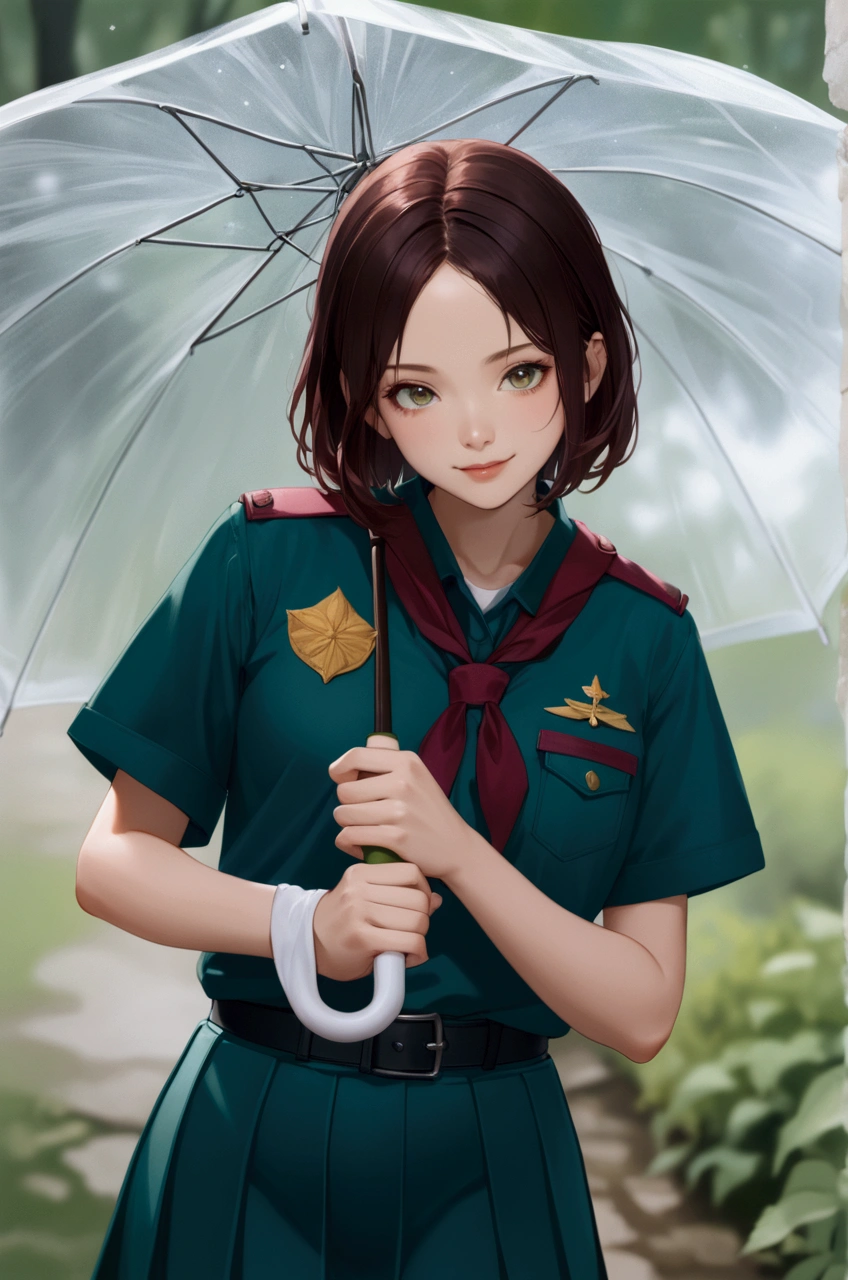 anime illustration of pretty middle school girl, she is holding a white transparent umbrella with smiling, she has brown short hair (+forehead), she wearing green short sleeve scout shirt with burgandy-red shoulder straps, burgandy-red neckerchief, green pleated pencil long skirt, black belt, white socks and black marry-jane shoes, (1girl, solo,full body), (masterpiece, best quality, japanese anime style), BREAK, (green short sleeve scout shirt with burgandy-red shoulder straps, burgandy-red neckerchief, green pleated pencil long skirt, black belt, white socks and black marry-jane shoes)