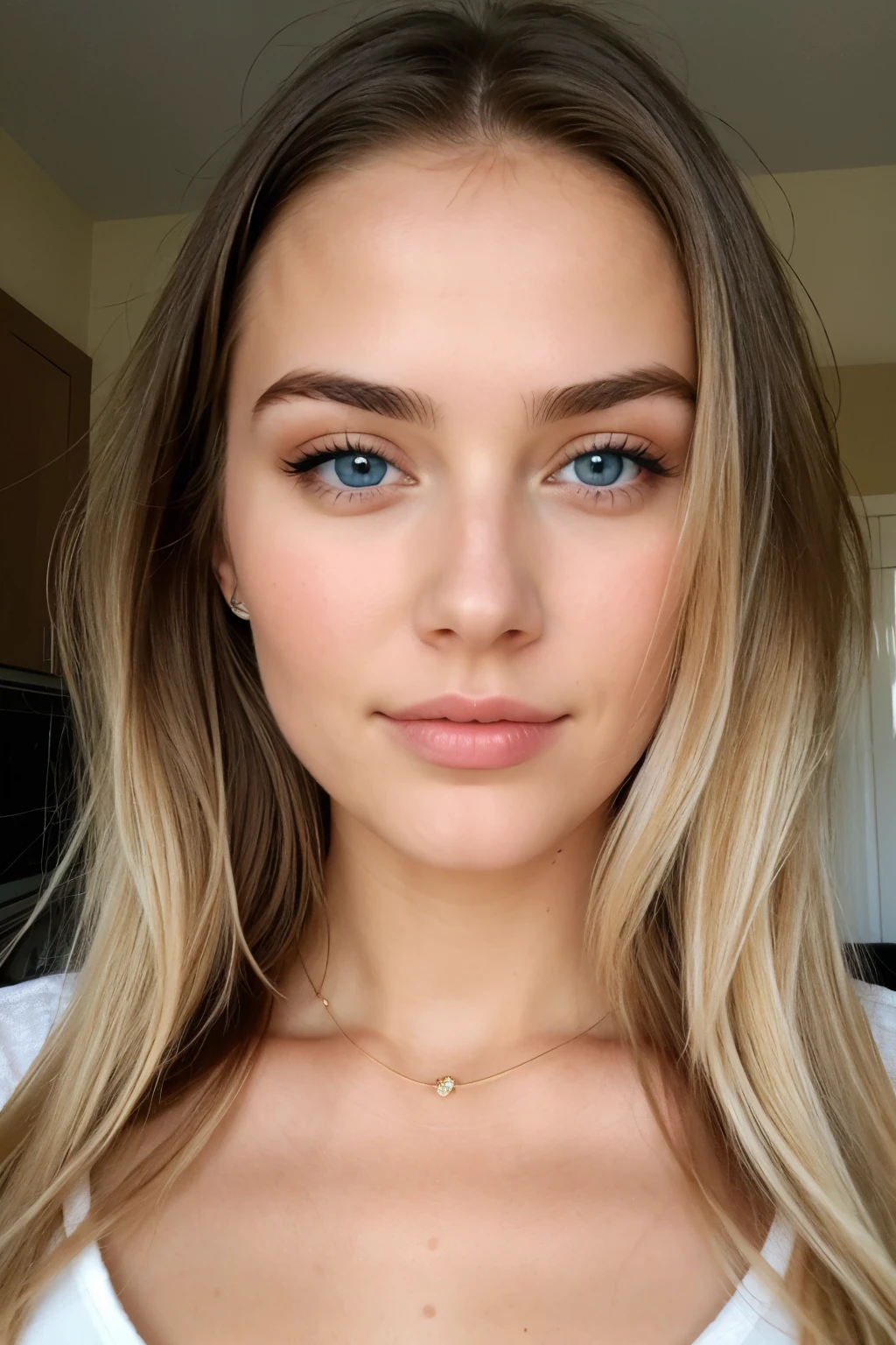 Face of woman between 20 and 25 years old, sexy blue eyes and blonde, belle bouche et beau regard, skin tan