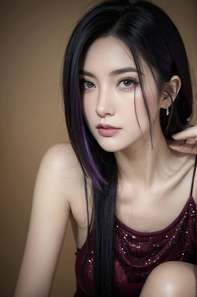 a woman with black and purple hair wearing red clothes, realistic detailed portrait, high quality, photorealistic, 8k, hyperdetailed, studio lighting, beautiful detailed eyes, beautiful detailed lips, extremely detailed face and features, long eyelashes, elegant pose, cinematic composition, vibrant colors, dark purple and red color scheme, intricate detailed background