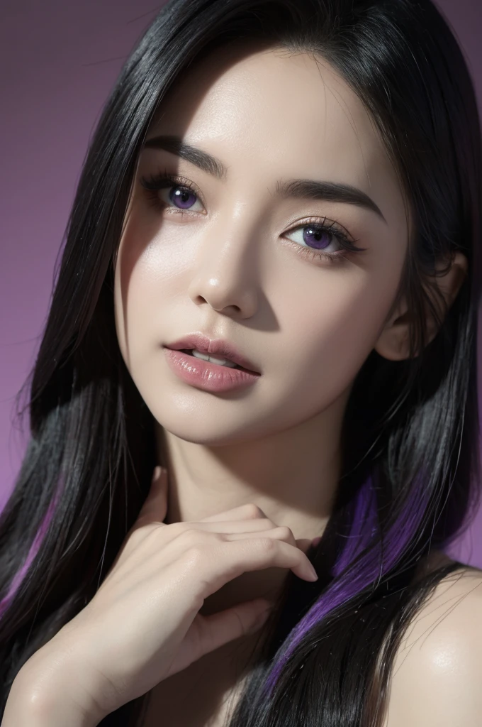 a woman with black and purple hair wearing red clothes, realistic detailed portrait, high quality, photorealistic, 8k, hyperdetailed, studio lighting, beautiful detailed eyes, beautiful detailed lips, extremely detailed face and features, long eyelashes, elegant pose, cinematic composition, vibrant colors, dark purple and red color scheme, intricate detailed background