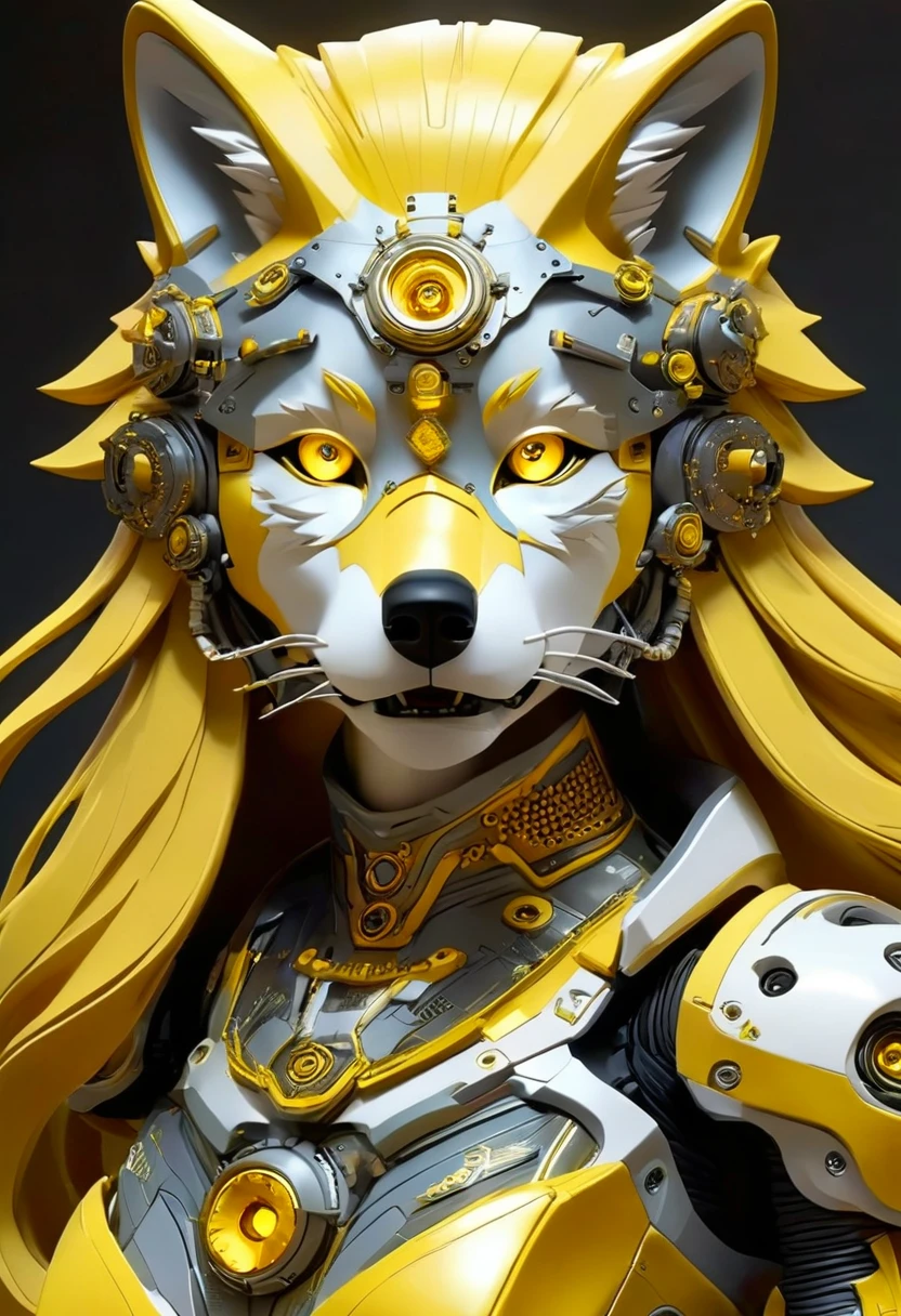 a portrait of a mechanical creature (( mechanical female, anthro wolf: 1.5),  ((full body: 1.5)), ((anatomically correct: 1.5)), (ultra detailed face: 1.2), yellow eyes. glowing eyes, wearing mech armor, delicate armor, wearing high heeled boots,  MechanicusStyleAI, Hyperrealism style