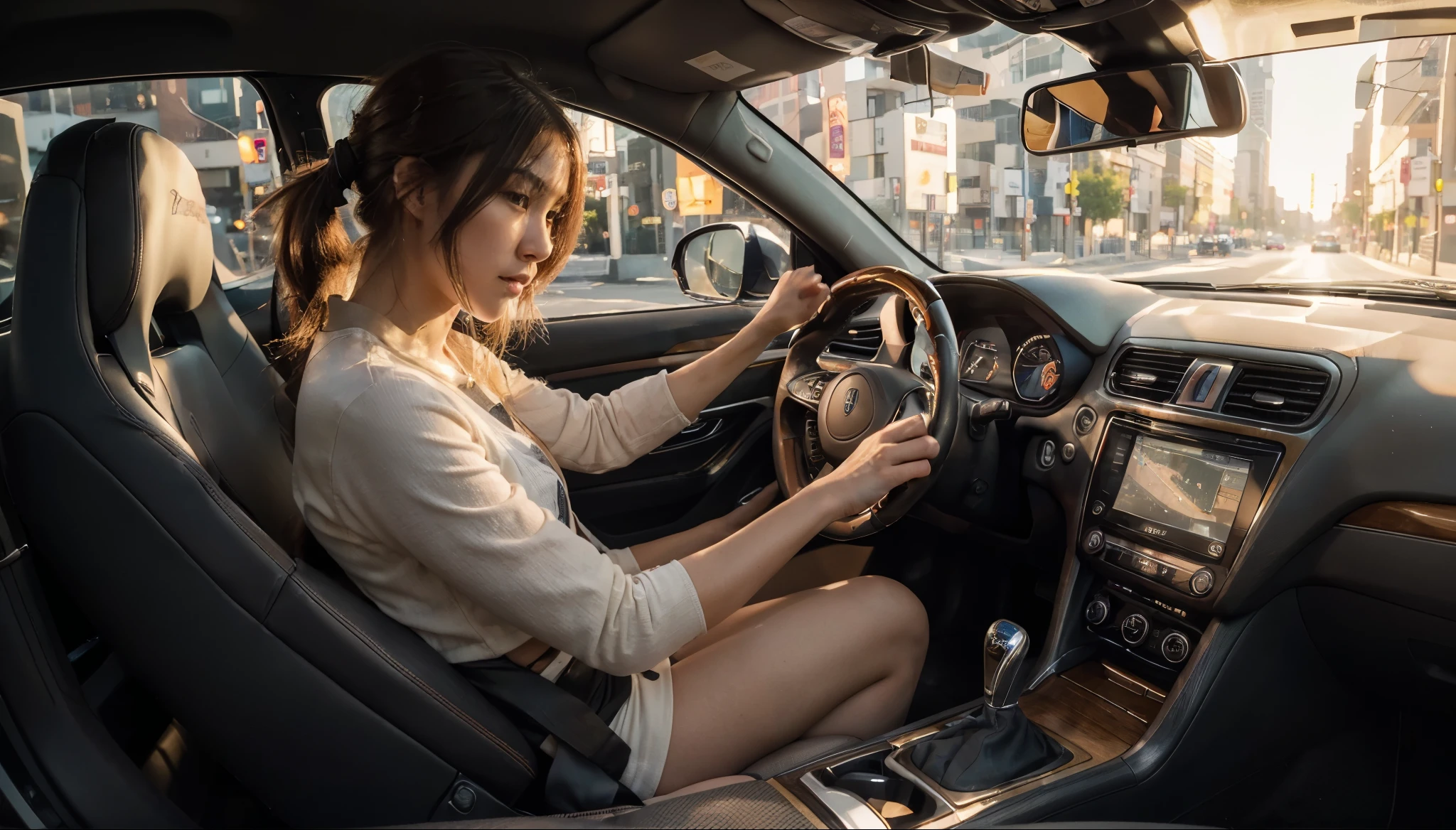 (hyper realistic photography) (Ultra-detailed CG) photo of a Japanese girl drive a sleek and sophisticated sports car, her expression alive with adrenaline as she grips the steering wheel tightly. The scene captures the essence of urban magic hour, with dramatic golden sunlight illuminating the detailed interior and dashboard of the car. As she navigates the city streets, the sunset casts a warm glow, adding to the intensity of the moment. hands & fingers anatomically correct
