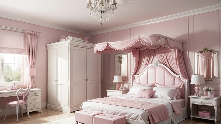 Beautiful pink bedroom . luxurious . With pink and white furniture bed and very cute accessories.