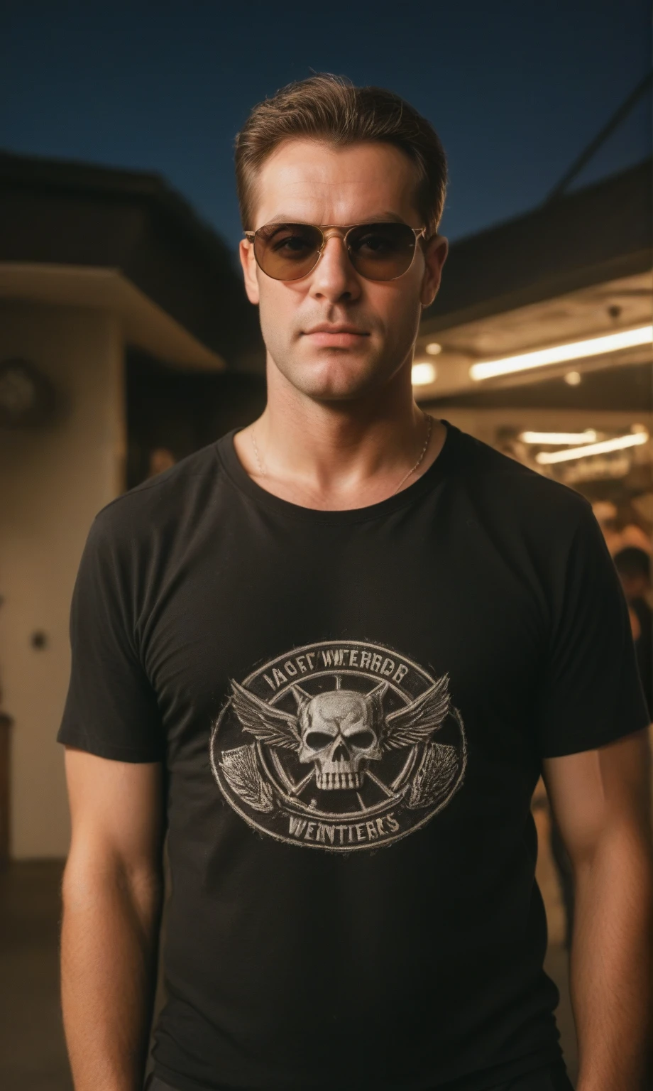 score_9, score_8_up, score_7_up, score_6_up, score_5_up, score_4_up, realistic style, photo, photorealistic, high detail, (sharp), cinematic photo, muscular middle-aged man, Arnold Schwarzenegger, stern face, (terminator), sunglasses, black t-shirt, leather jacket, standing at night bar, looking at viewer, ((night)), (dark), tag1, tag2