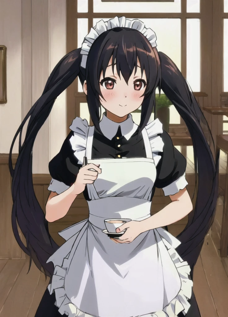 (((1girl))), ((masterpiece)), ((Nakano Azusa)), long hair, (((formal maid costume)))), ((maid)), (((twintails))), black hair, enmaided, dark brown eyes, brown eyes, alternate costume, apron, ((closed maid costume)), (((restoraunt))), best quality, (((cafe))), indoors, smile, (((very small breasts))), (blush:1.3), epic realistic, (dark shot:1.22), neutral colors, (hdr:1.4), (muted colors:1.4), (intricate), (artstation:1.2), dramatic, intricate details, (technicolor:0.9), detailed, intricate, cinematic, detailed, ((intricate details)), hdr, ((intricate details, hyperdetailed)),