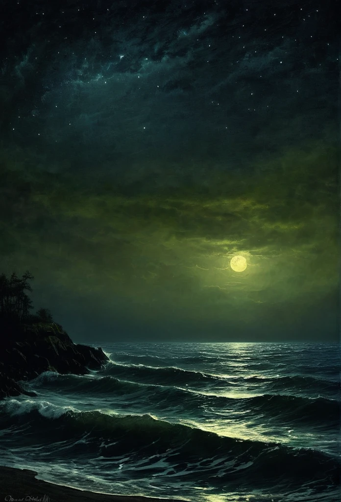 Sea , digital painting, high quality the darkest longest night of the year, style of Ralph Blakelock, Ed Emshwiller, Marianna Rothen, Arthur Rackham, Niko Anttila