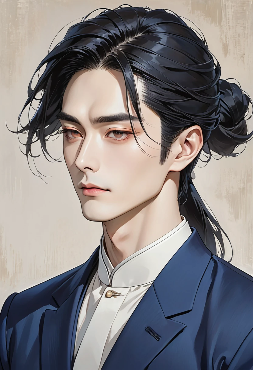 A 30-year president of a company man with brown-coloured cold almond-shaped eyes, straight long black hair that is tied behind his back pale skin, a High cheekbone, Monolids or double eyelids, wearing an indigo suit