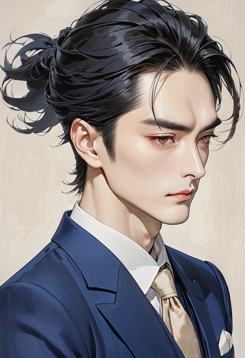 A 30-year president of a company man with brown-coloured cold almond-shaped eyes, straight long black hair that is tied behind his back pale skin, a High cheekbone, Monolids or double eyelids, wearing an indigo suit