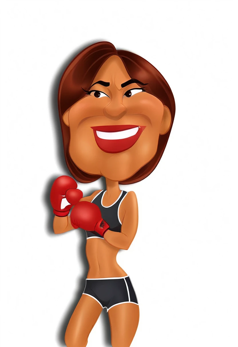 cartoon woman with boxing gloves and a smile, cartoon style illustration, caricature illustration, in cartoon style, by Melissa A. Benson, cartoon artstyle, caricature style, cartoon illustration, boxing, looks like laura barriales, inspired by Elaine Duillo, boxer, in a boxing ring, toon rendering, sweating, j - lo, in a fighting pose, kickboxing, 8k