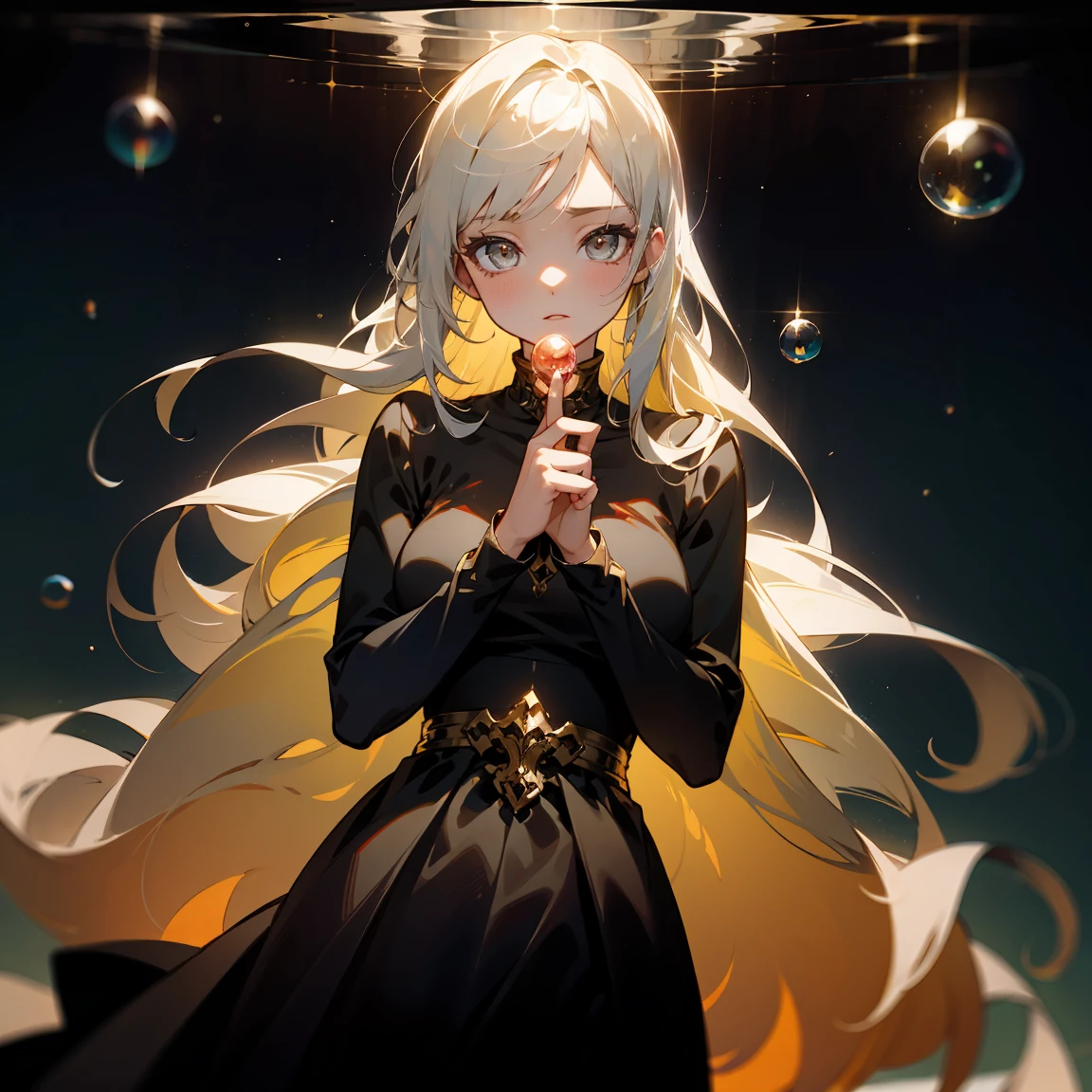 1 adult, masterpiece, best quality, woman, look at the viewer, ((she touching a bubble)), in the universe, with a black dress, golden details, ((looking pretty)), ((very confident)), white hair, silver eyes, long straight hair, many bubbles around, beautiful body, self-confident, powerful, epic, bubbles falling, conceptual art, goddess, divine light from heaven