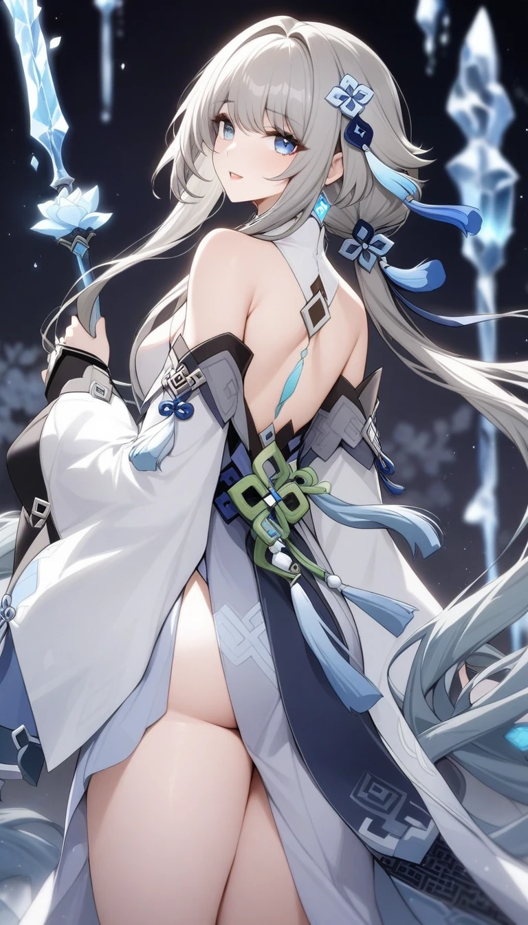 masterpiece, best quality, very aesthetic, absurdres, 1girl, mature_lady,,1girl, guizhong \(genshin impact\), genshin impact, hair ornament, long hair, bare shoulders, grey hair, long sleeves, dress, detached sleeves, sleeves past wrists, tassel, blue eyes,rose,dark_background, flower, ice_flower, icicle,,blur background,background defocus,from behind