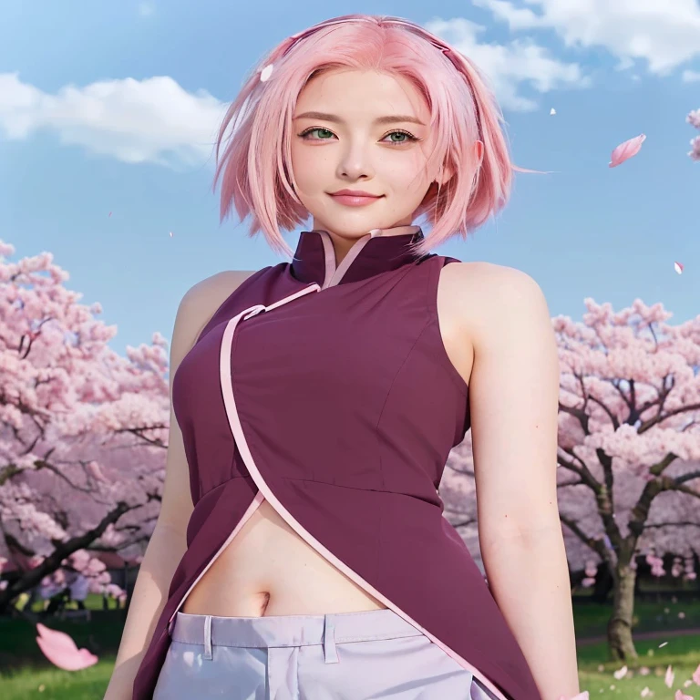 Beautiful girl with pink hair and green eyes standing a field, haruno sakura, sakura haruno, sakura haruno slug sage mode, sakura petals around her, from naruto, sakura kinomoto, blush sakura, sakura,sakura season, kunoichi, pink iconic character, with pink hair, sakura chan