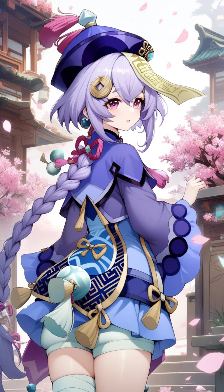 masterpiece, best quality, very aesthetic, absurdres, 1girl, mature_lady,,1girl, qiqi \(genshin impact\), genshin impact, hat, purple hair, hair ornament, long hair, purple eyes, long sleeves, qingdai guanmao, jewelry, ofuda, braid,surrounding by flowers,falling_petals, outdoors, petals,,surrounding by flowers,falling_petals, petals,,from behind