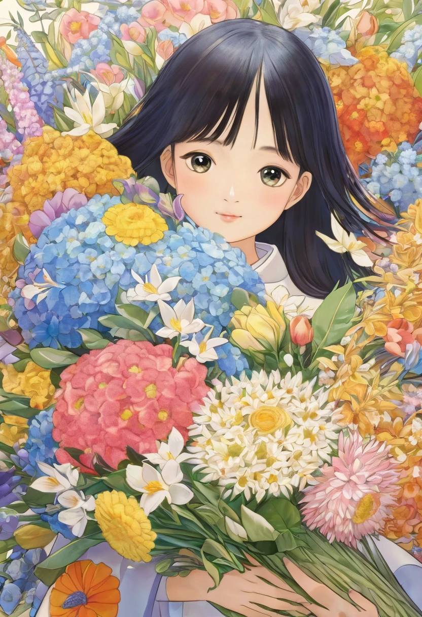 Close-up holding a bouquet, Made of flowers少女, Girl in Flowers, Made of flowers, covered With flowers, With flowers, Carrying flowers, Full of flowers, Covered with flowers, Holding flowers, Lee Song, By Chiho Aoshima, By Niduan, Cute artwork, Jan Born, Presenting flowers to the heir'cheek