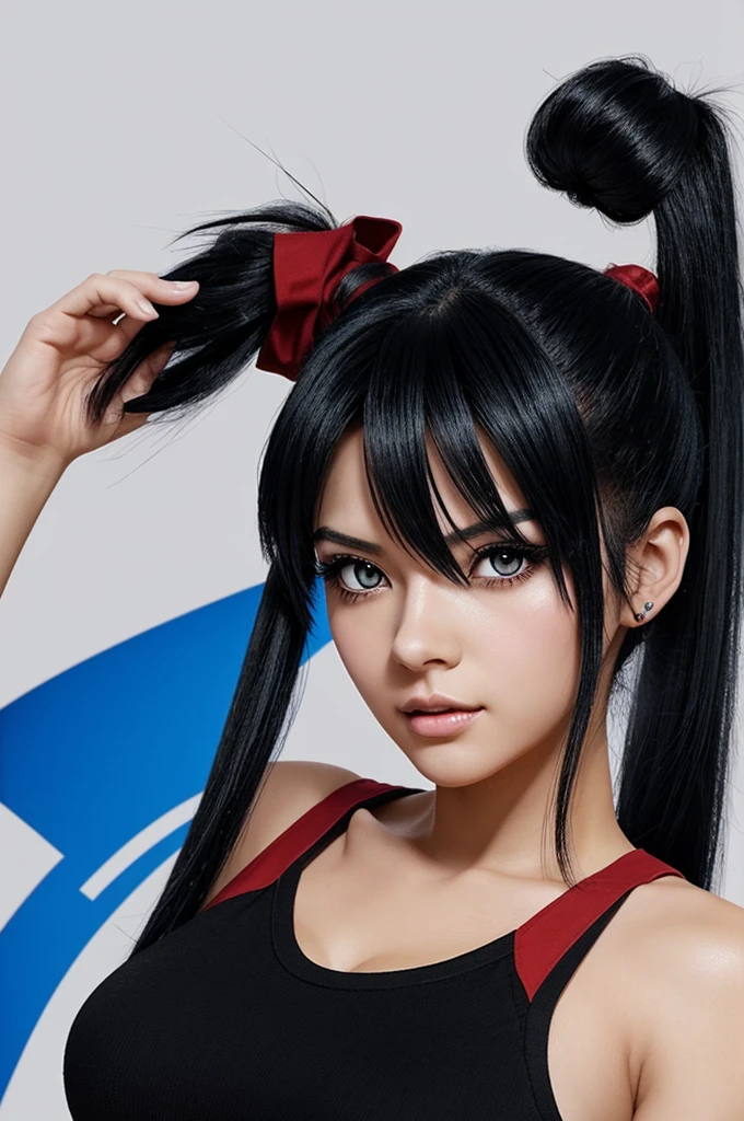 generate an anime-like image of a woman with black hair with blue endings, tied in a side ponytail with a 3-parted pompadour and red eyes next to Bakugo Katsuki