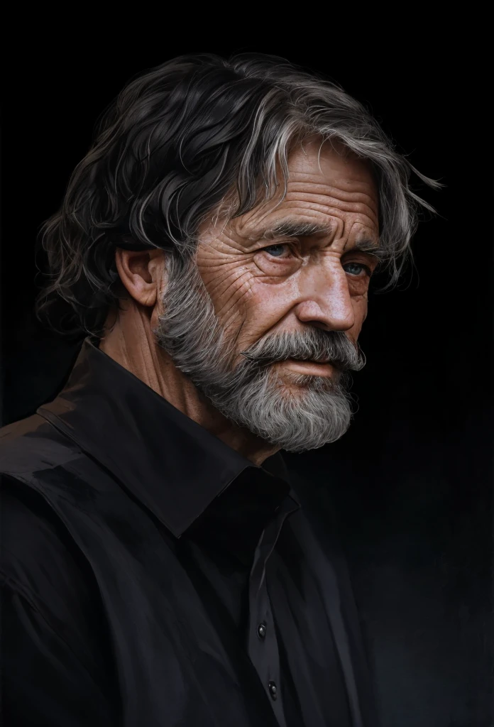 A portrait of a old man, bearded, wrinkled, weathered, with piercing eyes, detailed face, high details, photography, dark studio, rim light, Nikon D850, 50mm, f/1.4