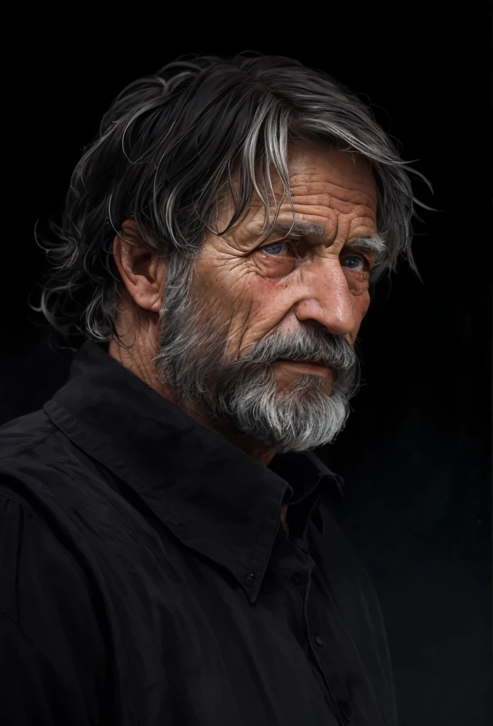 A portrait of a old man, bearded, wrinkled, weathered, with piercing eyes, detailed face, high details, photography, dark studio, rim light, Nikon D850, 50mm, f/1.4