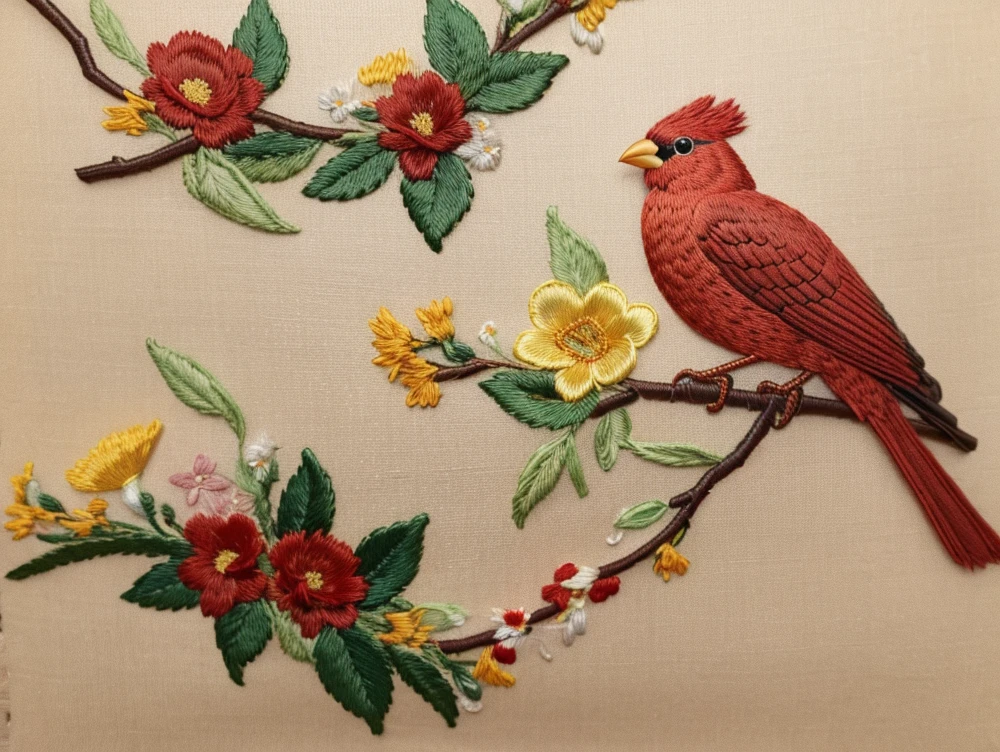 embroidery, intricate embroidery, floral embroidery, The pattern is a red bird perched on a yellow flower branch，Lovely detailed artwork, Silk，Fabric，Add details, The is very detailed, The is very detailed, tmasterpiece，ultra-clear，