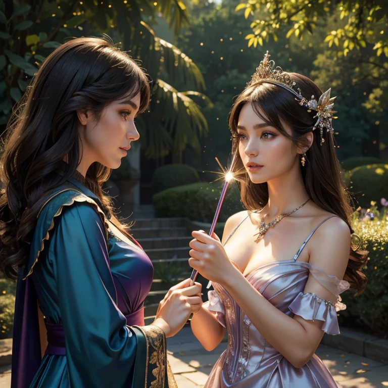 (masterpiece, best quality:1.5), highest quality, High resolution, super detailed, Realists, Upper body photo of a brunette 14 year old magical girl, detailed and beautiful eyes, beautiful detailed lips, very detailed eyes and face, longeyelashes, shiny satin dress, Holding a wand in your hand and performing a transformation spell, Magic wands present and shiny, Beautiful and colorful makeup, elegant and noble々The jewelry bag, Gardens as background, soft daylight, bright colors, fine brushstrokes, Portrait style, Silk dress fabric, beautiful color palette, glowing skin, First-class rendering, that captures every detail, enchanting atmosphere, subtle shadows and lights, (perfect anatomy:1.2), (The two stunning 14 and 12 year old magic girls perform magic together (a transformation with the magic wand:1.4), (magnificent panorama view:1.2)