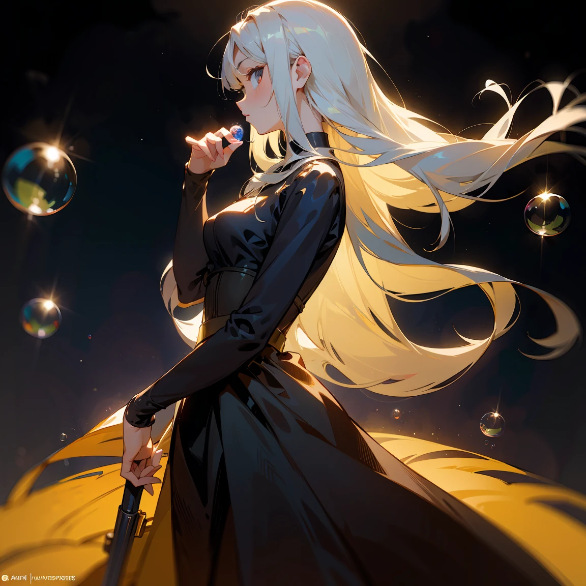 1 adult, masterpiece, best quality, woman, look at the viewer, ((she touching a bubble)), in the universe, with a black dress, golden details, ((looking pretty)), ((very confident)), white hair, silver eyes, long straight hair, many bubbles around, beautiful body, self-confident, powerful, epic, bubbles falling, conceptual art, goddess, divine light from heaven, ((profile picture)), ((profile plane))