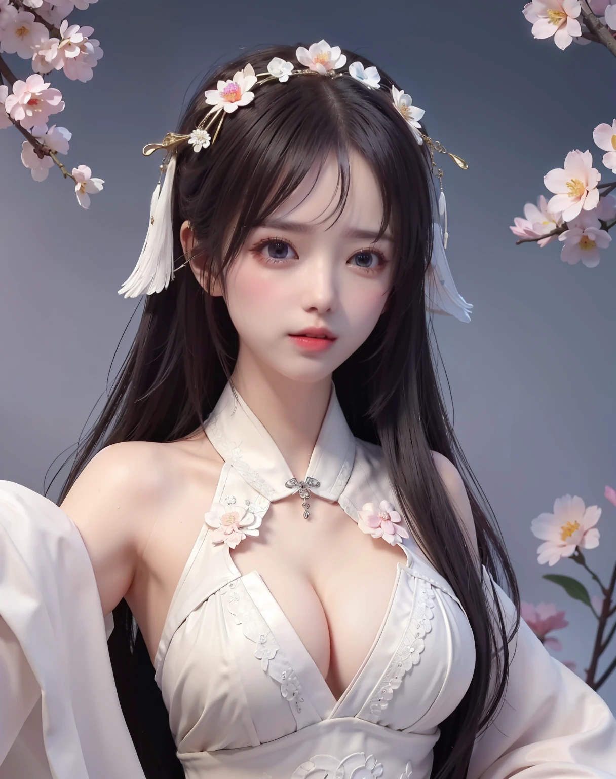 (8k, RAW photo:1.2), best quality, ultra high res,dramatic angle,(fluttered detailed color splashs), (illustration),(((1 girl))),(long hair),(rain:0.9), (Headdress:1.4),There is an ancient palace beside the girl,Hanfu,(Key Points),Color ink painting,(Splash of Color),Splash of Color,(((colorful))),(sketch:0.8) , Masterpiece, best quality, beautiful painted, highly detailed,(denoising:0.6),[splash ink],((ink refraction)), (beautiful detailed sky),moon,highly,detaild,(masterpiece, best quality, extremely detailed） CG Unity 8k Wallpaper，masterpiece，best quality，Ultra Detailed），（Lycoris）. hanfu open v open V-chested clothes Thin silk lace dress , (huge ，cleavage),, white pinkand gren，best qualtiy，tmasterpiece，Ultra-high resolution，（Reality：1.4），RAW photogr，（True skin texture：1.3），（filmgrain：1.3），（Selfie angle），1个Giant Breast Girl，Beautiful eye and face details，tmasterpiece，Best quality at best，，The chest more exposed， detailed hair, bra pink , detail 8k, upper body, lace petticoat