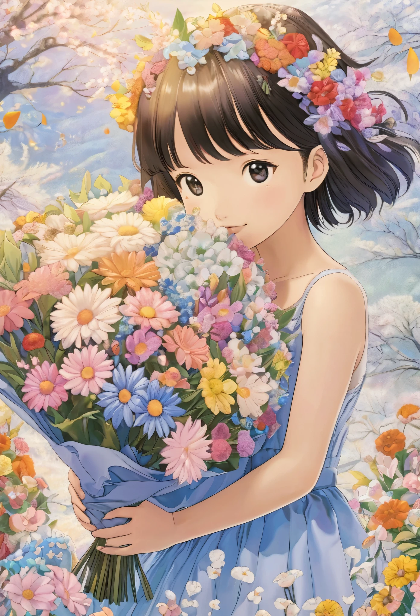 Close-up holding a bouquet, Made of flowers少女, Girl in Flowers, Made of flowers, covered With flowers, With flowers, Carrying flowers, Full of flowers, Covered with flowers, Holding flowers, Lee Song, By Chiho Aoshima, By Niduan, Cute artwork, Jan Born, Presenting flowers to the heir'cheek