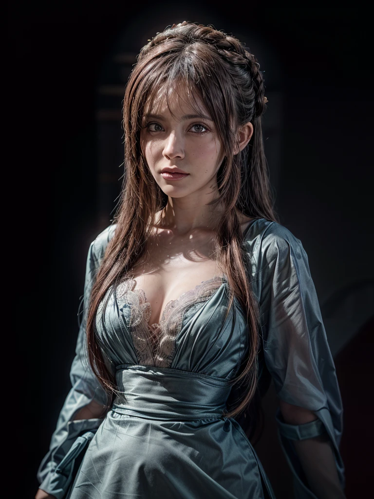 Hyperrealist portrait of female by david hockney and alphonse mucha,fantasy art, photo realistic, dynamic lighting, artstation, poster, volumetric lighting, very detailed faces, 4 k, award winning,, 1girl, in the dark, deep shadow, low key,cowboy shot,(official clothing:1.4) ,long hair,white hair,