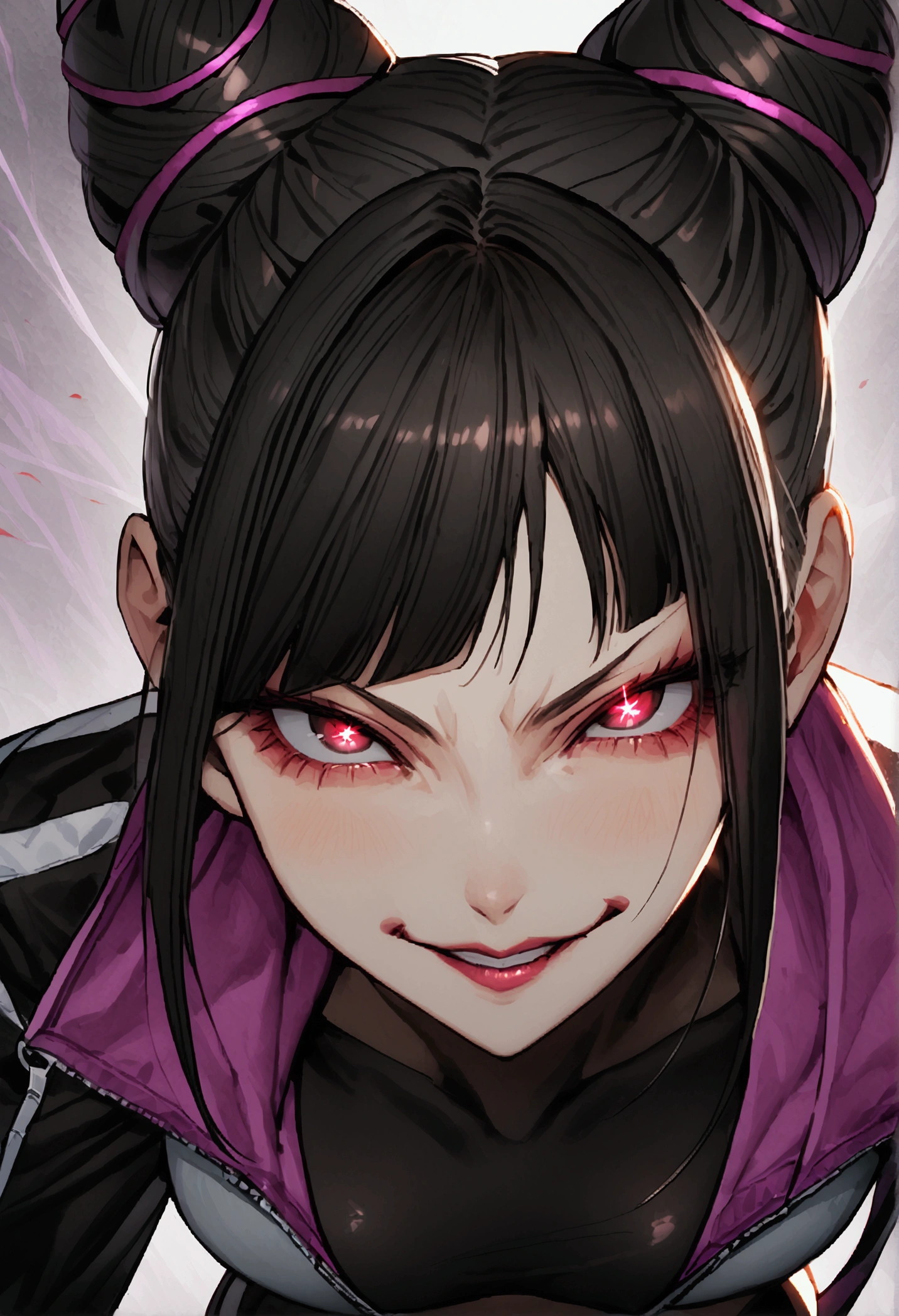 juri han,dark eye shadow,shining eyes,beautiful young fitness woman with , in a gym wearing May with black pantyhose, white and black gym jacket. standing alone,hair horns,red eyes glowing,Evil smile,legging preto ,labiaa,dark eye shadow,shining eyes,close up,hair with purple details evil smile