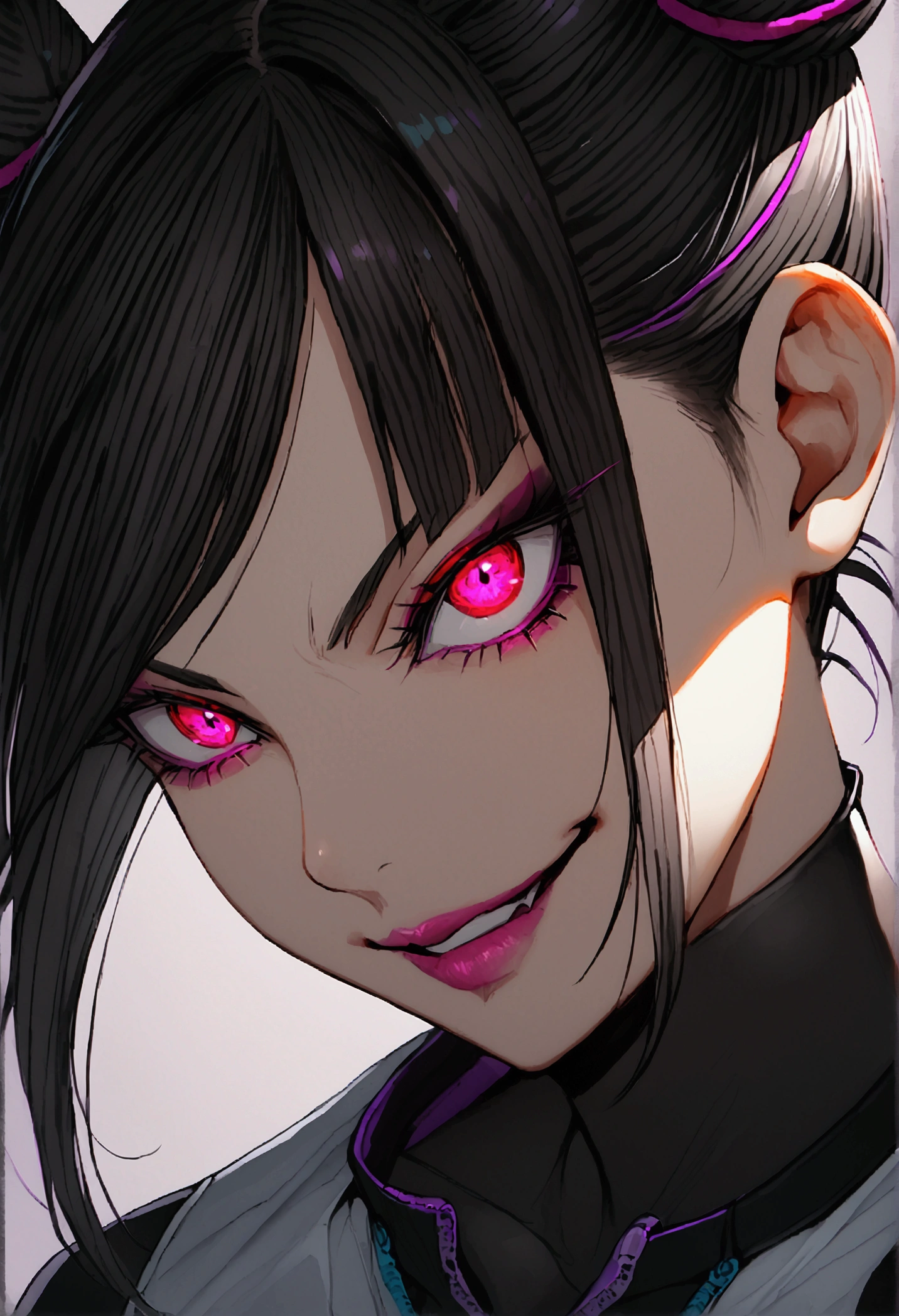 juri han,dark eye shadow,shining eyes,beautiful young fitness woman with , in a gym wearing May with black pantyhose, white and black gym jacket. standing alone,hair horns,red eyes glowing,Evil smile,legging preto ,labiaa,dark eye shadow,shining eyes,close up,hair with purple details evil smile
