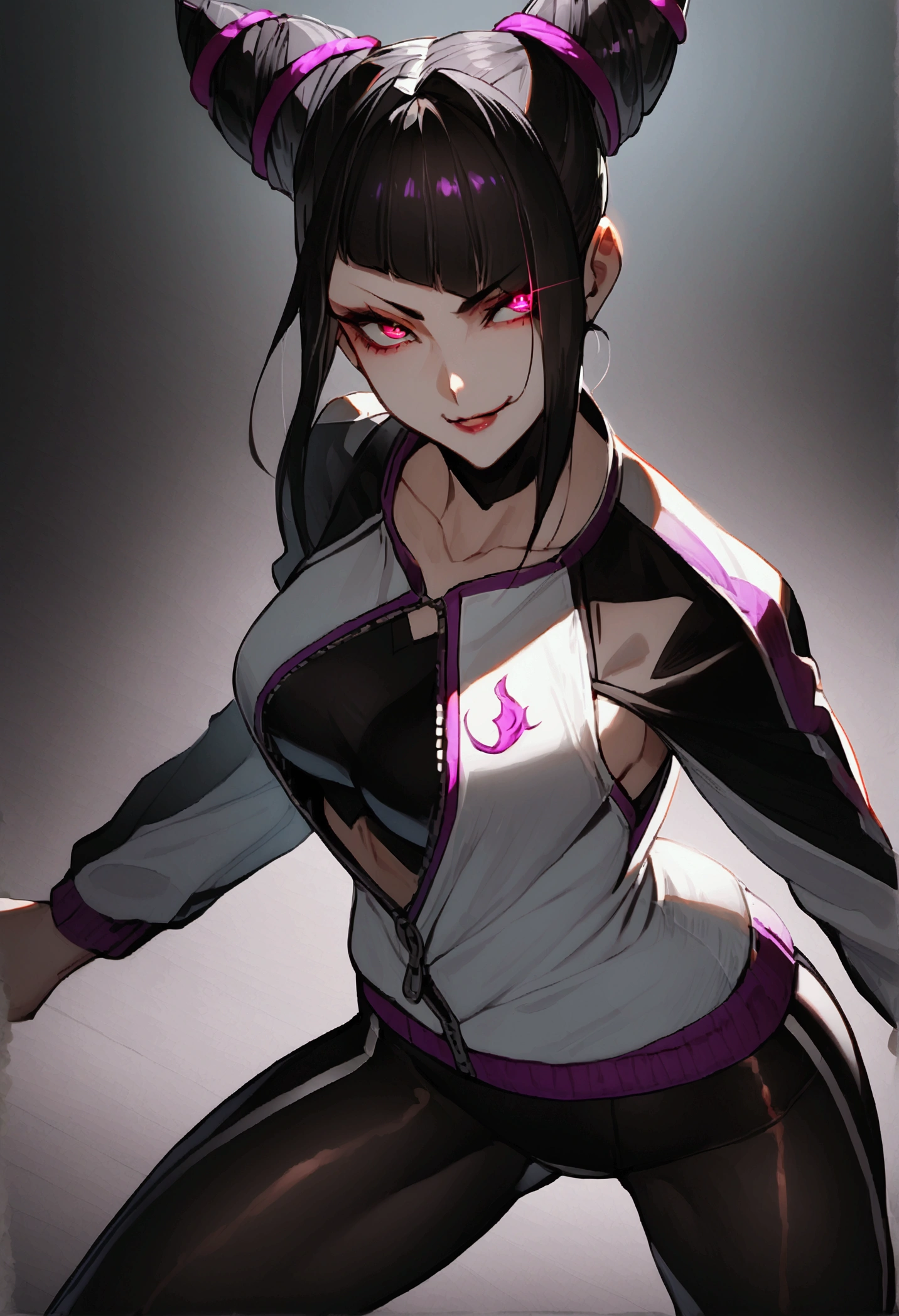 juri han,dark eye shadow,shining eyes,beautiful young fitness woman with , in a gym wearing May with black pantyhose, white and black gym jacket. standing alone,hair horns,red eyes glowing,Evil smile,legging preto ,labiaa,dark eye shadow,shining eyes,close up,hair with purple details evil smile
