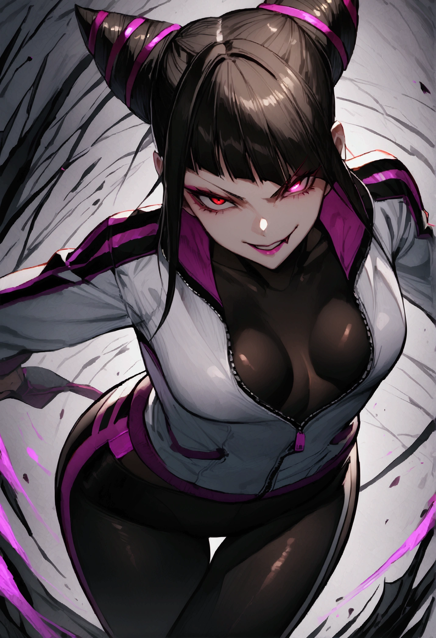 juri han,dark eye shadow,shining eyes,beautiful young fitness woman with , in a gym wearing May with black pantyhose, white and black gym jacket. standing alone,hair horns,red eyes glowing,Evil smile,legging preto ,labiaa,dark eye shadow,shining eyes,close up,hair with purple details evil smile
