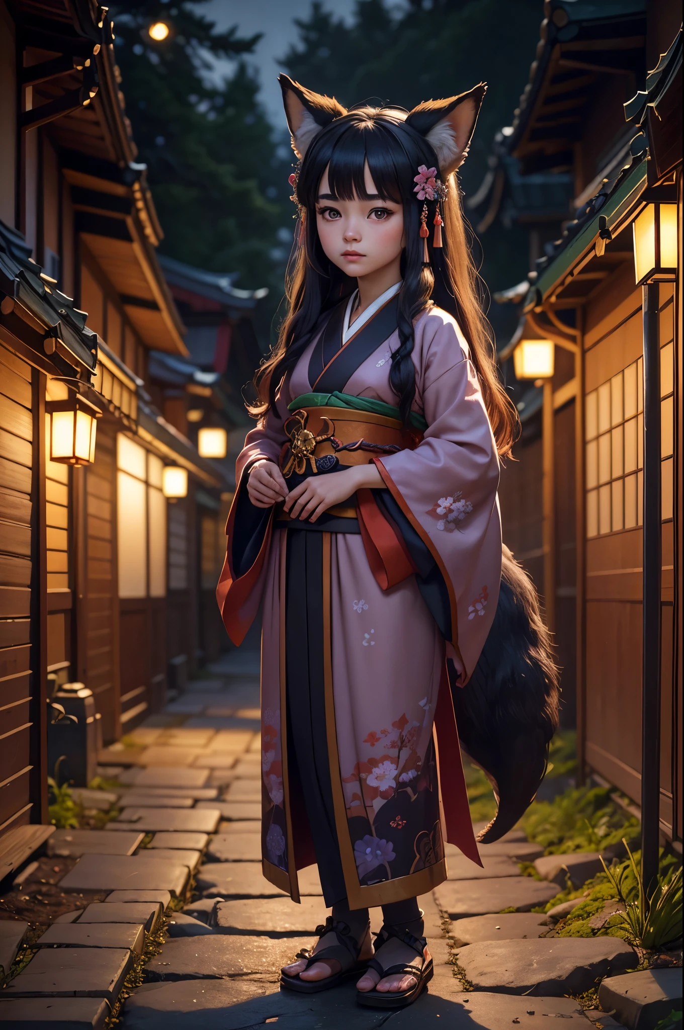 realistic, analog photo, Masterpiece, RAW photo, full-length portrait, hyper realistic, ultra detailed image, Kizune, (mythical Creature of Japanese Mythology And Folklore), detailed portrait of anthropomorphic she-fox, with fox tail, in traditional japan garden, moonlight, little spotlight, fractal, cover, detailed background, depth of field, HOF, hall of fame, detailed beautiful eyes, detailed beautiful face, natural body posture, lifelike skin texture, kodak portra 400, 16k, ultra detailed, bokeh lighting, dark fantasy atmospheric, fantasy aura, film grain, cinematic light, cinematic composition, depth of field, rim light