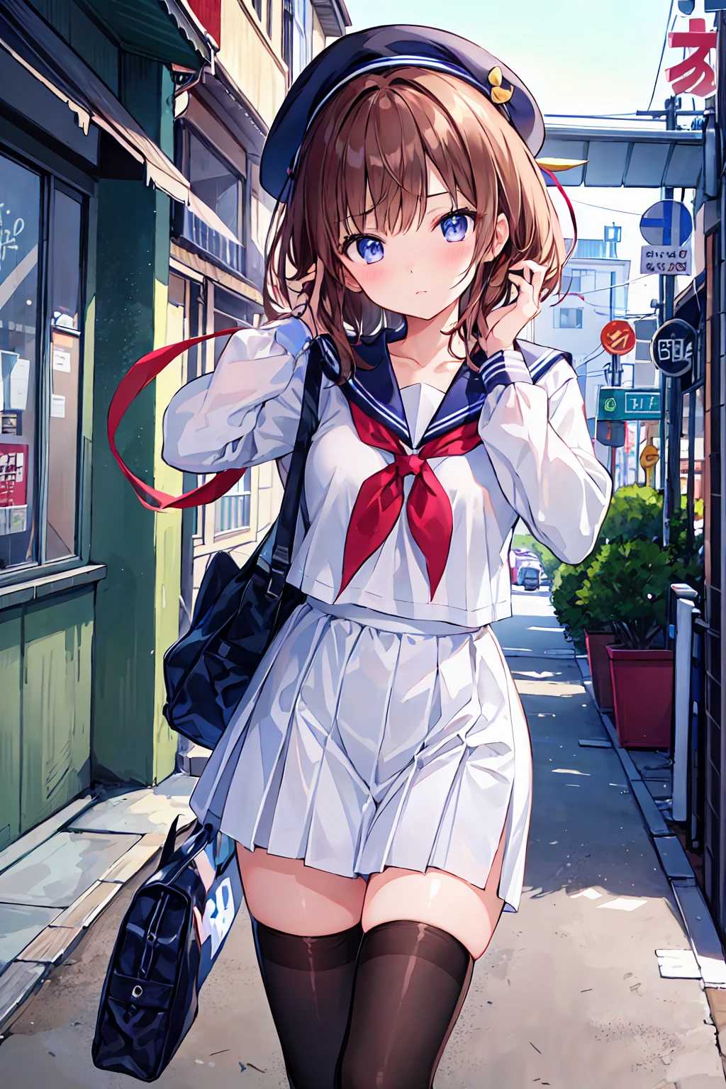 Sailor suitを着た若い女の子が椅子に座っている, seifuku, shikamimi, Chiho, With index finger, sakimichan, Another Iwakura, close up Another Iwakura, My motto is Teshirogi, Kotegawa Yui, Sailor suit, narumi kakinouchi, JK Uniform,Small breasts,Flat chest,City of night,((Highest quality)), (Very detailed), (High-definition CG synthesis 8k wallpaper), 高いly detailed, 高い-definition raw colbor photos, Professional photography, Written boundary depth,Brown Hair,Shortcuts