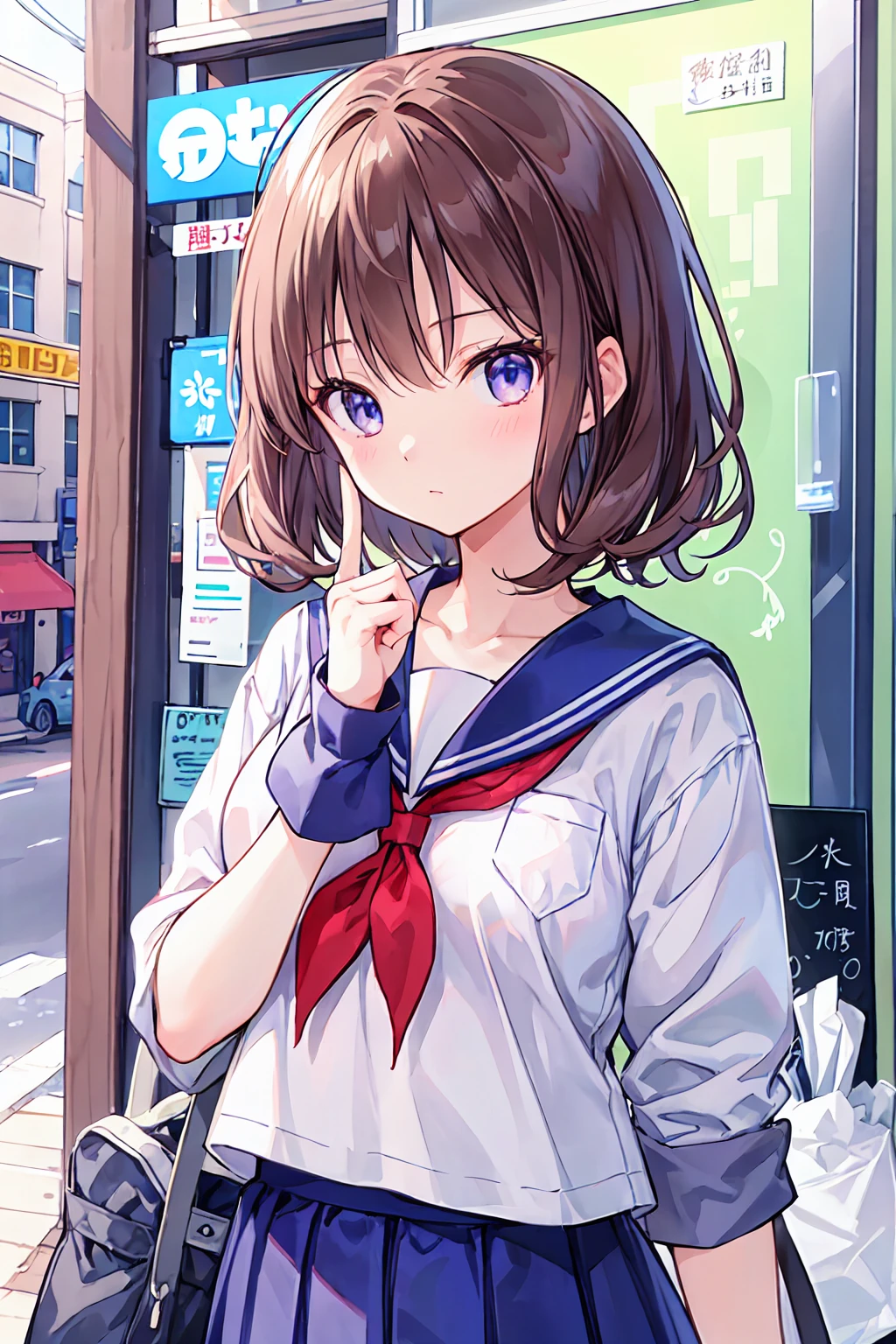 Sailor suitを着た若い女の子が椅子に座っている, seifuku, shikamimi, Chiho, With index finger, sakimichan, Another Iwakura, close up Another Iwakura, My motto is Teshirogi, Kotegawa Yui, Sailor suit, narumi kakinouchi, JK Uniform,Small breasts,Flat chest,City of night,((Highest quality)), (Very detailed), (High-definition CG synthesis 8k wallpaper), 高いly detailed, 高い-definition raw colbor photos, Professional photography, Written boundary depth,Brown Hair,Shortcuts