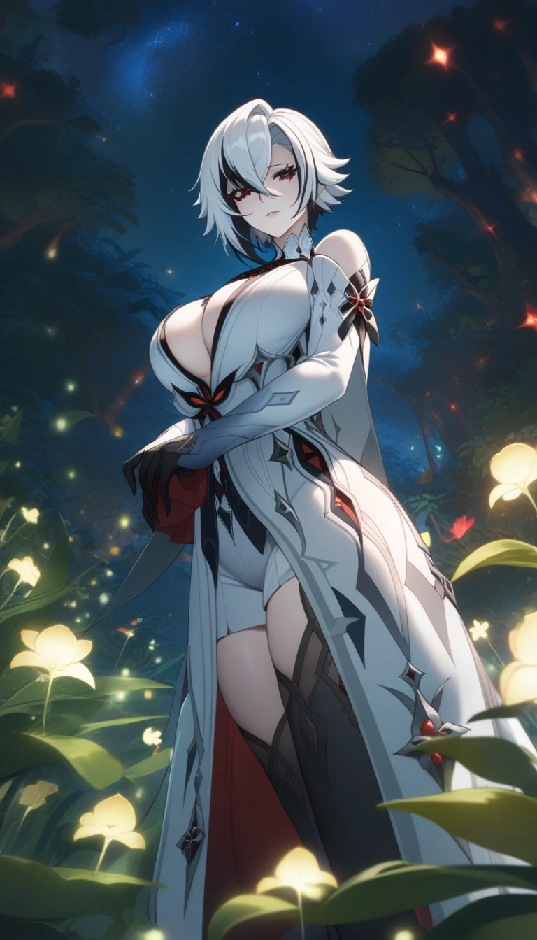 masterpiece, best quality, very aesthetic, absurdres, 1girl, _lady,,1girl, arlecchino \(genshin impact\), genshin impact, multicolored hair, black hair, symbol-shaped pupils, white hair, x-shaped pupils, streaked hair, breastt hair, black eyes, hair between eyes,in a botanical garden,glowing stardust frontground,fantasy,sparkling,fireflies,from below