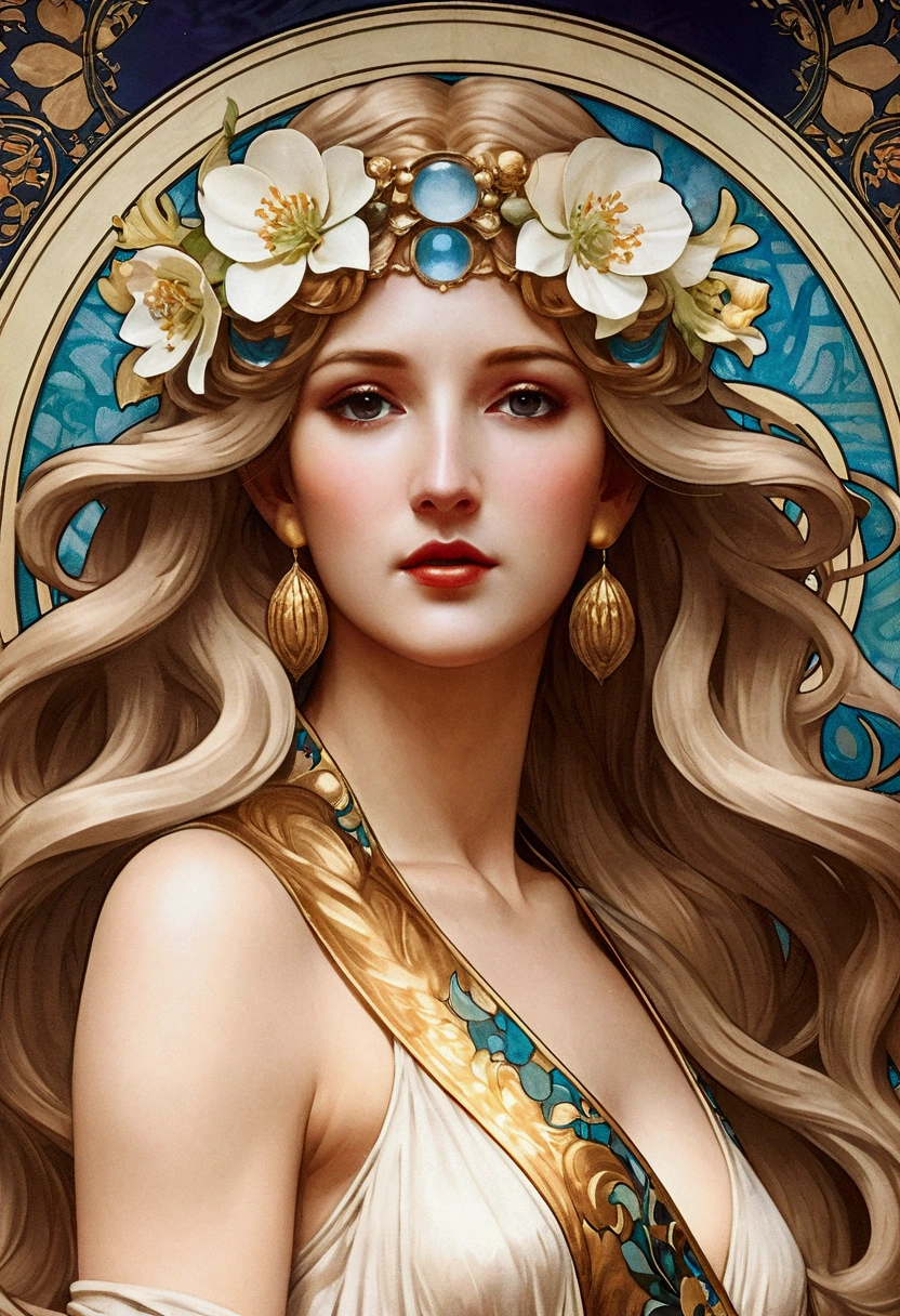 European woman portrait, Waist, Long flowing hair, Blonde, Oil painting feeling, Model imposing flower frame, decorative panel, abstraction, directed by: Alphonse Mucha (Main part, extremely high quality, High resolution: 1.4), detailed, intricate details, 4K, splash of color, Line art, Fibonacci, Wear underwear